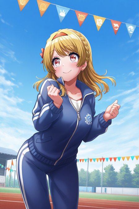 masterpiece, best quality, amazing quality,
 <lora:RinkuV2_IL:1> rinku, 1girl, blonde hair, outdoors, solo, braid, track suit, pants, jacket, sky, smile, day, blue jacket, hairband, collarbone, string of flags, blue sky