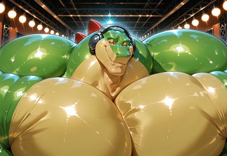 masterpiece, best quality, amazing quality, very aesthetic, high resolution, absurdres, newest, photorealism, realistic, high saturation, amazing quality, smug, detailed muscles, Vecdaz:1, crocodile, Green Anthro, shiny green skin, white sclera, Big Red Eyes, Red Spikes, Headphones, fat Neck, close up, portrait, bright lights, 