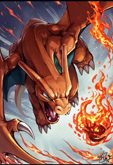 score_9_up, score_8_up, score_7_up, Score_6_up, Score_5_up, Score_4_up, source_anime, (masterpiece, perfectly detailed, detailed face, detailed eyes, beautiful eyes),  8K, extremely detailed, perfect face, PokeMaster_PS, charizard_pokemon, charizard, pokemon (creature), no humans, open mouth, tongue, signature, flame-tipped tail, fangs, claws, letterboxed, breathing fire
