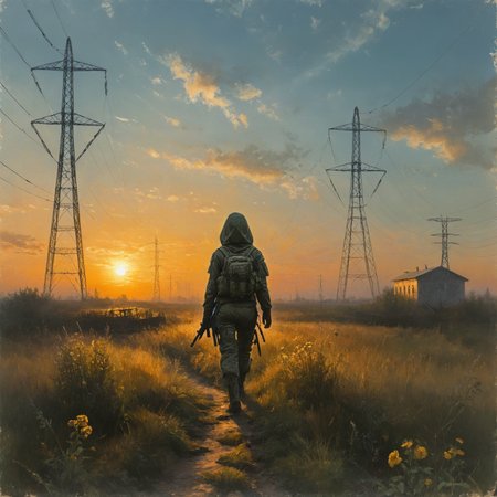 An digital illustration drawing masterpiece with intricate details and the best quality art by, (petrus van schendel) (Hans Larwin) and (dorian cleavenger) with (luis royo),  (chernobyl) exclusion zone, clear sky, sunset, late summer, vast meadow, tall grass, wildflowers,  train station in the distance, high voltage power lines, prypiat silhouette on the horizon, young attractive stalker woman, walking, in motion, wearing, hooded jacket, kevlar vest, tactical pants, tactical gear, military backpack, thigh holster, delivate face, eyeshadow <lora:Kodak Motion Picture Film Style v4:1> <lora:add_detail:0.8>  <lora:aesthetic:0.8>  <lora:LaxpeintXL-2.0:0.5> <lora:extremely_detailed:0.5>  <lora:Desolation:0.3>