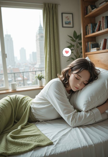  impressionism (1.5), perfect eyes, high detail, depth of field, (blurred background), (dramatic lighting),masterpiece, best quality,((asd123)),very aesthetic,8k,  (( neon green-yellow)),

A digital drawing of a girl lying on her stomach on a bed, with her head resting on a pillow. She has short, curly brown hair and is wearing a white shirt. The girl is facing the viewer, looking up at them with a calm expression. In the background, there is a cityscape visible through a large window. The drawing is done in a soft, pastel color palette with a warm, cozy atmosphere. There are two speech bubbles with hearts floating near the girl's head, indicating affection. The room is simple, with a desk and bookshelves in the background..    ,



,1girl, long_hair, short_hair, black_hair, 1boy, closed_eyes, , hetero, heart, lying, indoors,  pillow, window, hug, bed, on_bed, on_side, table, sleeping, , spoken_heart, blanket, bookshelf, bedroom, under_covers, zzz, cuddling
