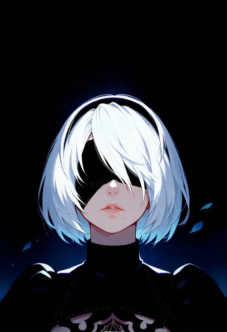 2b from nier automata, blindfold,  upper body, dark, underlightling, masterpiece, best quality, very aesthetic