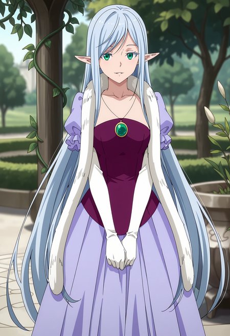 anime screencap, masterpiece, best quality,
<lora:TenSura_ElmesiaElRuSarion_IlluXL:0.9>,
1girl, solo, parted lips, light smile,
very long hair, swept bangs, multicolored hair, grey hair, blue hair, green eyes, colored eyelashes, pointy ears,
boa, fur trim, mutlicolored dress, purple dress, collarbone, pendant, puffy short sleeves, long sleeves over short, white gloves, long skirt,
v arms, standing, looking at viewer, cowboy shot,
blurry background, photo background, outdoors, nature, vines, garden, tree, plant