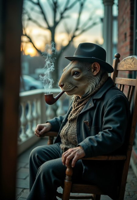 technical photography, exquisitely detailed pictures, Fanmytwor style, of a chubby elderly anthro anthropomorphic squirrel with a fedora sitting in a rocking chair in a veranda watching the dusk sky and smoking an old pipe, sharp focus photography, thick features, very wide shot, iridescent, surrealism, dark scene, reality warping around the scene, dark, low-key, soft
