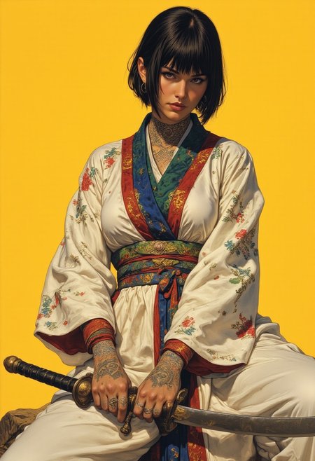 A hyper-realistic digital illustration by Phandigramsin in 80s cinematic style, HD, 8K quality, ultra-detailed, and a true masterpiece of artwork. A low-angle, close-up portrait of a striking woman wearing an elegant white kimono adorned with vibrant floral patterns and intricate embroidery, each petal and vine meticulously woven with gold and silver thread. The kimono's wide sleeves drape gracefully, revealing a deep crimson inner lining, while the obi sash is a masterpiece in itself, featuring elaborate brocade detailing in shades of royal blue and emerald green. Her jet-black French bob is sleek and sharp, accented by shimmering white streaks that catch the light, adding an ethereal glow to her presence. Her piercing gaze is both commanding and enigmatic, with vivid tattoos wrapping around her neck, each design meticulously detailed with bold hues of red, blue, green, and yellow, telling an untold story of power and resilience. In her grasp, an enormous sword rests in a poised stance—the blade angled downward with its tip barely touching the ground while her fingers firmly hold the hilt, a moment of quiet anticipation before action. The weapon’s surface is aged yet polished, reflecting the golden hues of the background, a striking solid yellow that contrasts with the cool tones of her attire, creating a bold and timeless composition.