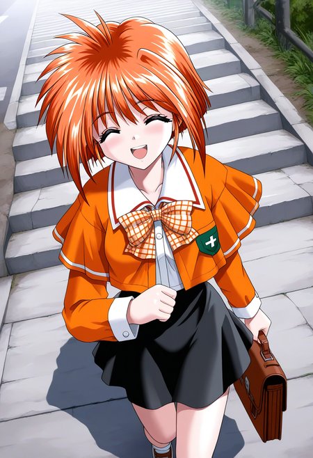 general,highres, ultra-detailed,very aesthetic,best quality ,best hands, BREAK <lora:Kawahara_Ayano_Akumu_AoiKajitsunoSange_IS:1>
Kawahara_Ayano, 1girl, solo, short hair, orange hair, small breasts, closed eyes, bangs, happy,
orange school uniform, plaid skirt,  white and black skirt, open mouth, smile,  school bag, plaid bow, 
looking at viewer,  outdoors, long sleeves,  
bowtie,  holding bag, :d,  road, 
plaid bowtie, shirt, walking, standing, stairs, 
school briefcase,  from above,  day,
