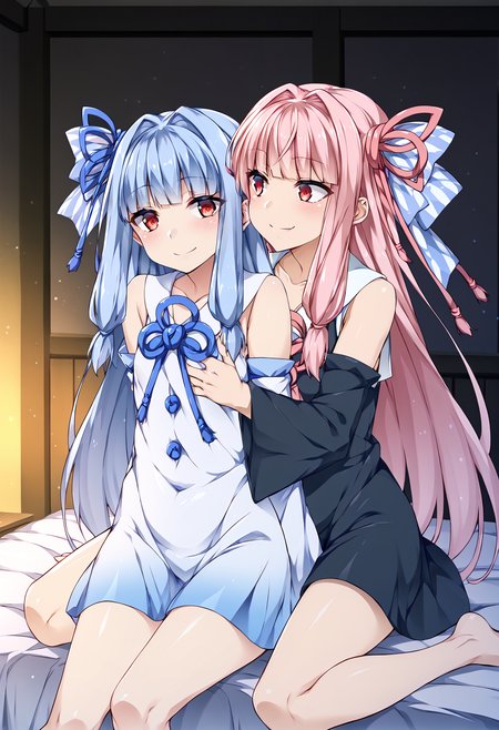 score_9, score_8_up, score_7_up, source_anime, rating:general, <lora:lowres_concept_ponyXL_v1:-0.3>
BREAK,
 <lora:kotonoha_akane_ponyXL_v1:0.5> kotonoha akane, long hair, pink hair, ribbon, red eyes, blunt bangs, sidelocks,  black dress, detached sleeves, 
<lora:kotonoha_aoi_ponyXL_v1:0.5> kotonoha aoi, long hair, blue hair, ribbon, red eyes, blunt bangs, sidelocks,  white dress, detached sleeves, 
<lora:kotonohayuri_ponyXL_v3:2> 2girls, siblings, sisters, yuri, smile, hug from behind, looking at another, sitting, indoors, 
 <lora:mtu_style_PonyXL_v1-000015:1>