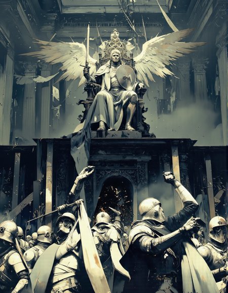 Art by Piotr JabÅoÅski. A digital illustration shoot from below about a dark, ominous scene featuring a large, imposing throne with a figure on top, surrounded by smaller figures. the throne is situated in the center of the image, with the figure at the top of the throne, appearing to be an angelic figure with wings spread wide, holding a sword in one hand and a shield in the other. the figure is positioned at the bottom, with a menacing expression, and is wearing a cloak and armor. the figures below are smaller, armored figures, and they appear to be in a battle-ready stance, with their arms raised in triumph. the scene is set in a dimly lit, industrial environment with a dark and moody atmosphere, and the background is filled with shadows and debris, adding to the ominous atmosphere. the image has a high level of detail and texture, making it a visually striking and captivating piece of art.