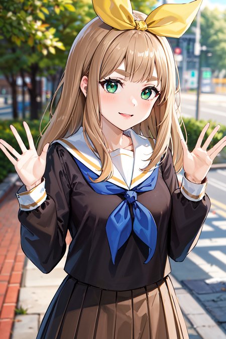masterpiece, best quality, highres, yuuko1, 1girl, solo, school uniform, green eyes, long hair, neckerchief, pleated skirt, brown hair, brown skirt, blue neckerchief, yellow hair ribbon, long sleeves, brown shirt, sailor collar, bangs, eyebrows <lora:yoshikawa_yuuko_v1:0.6>, waving, school, outdoors, smile,