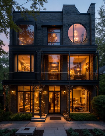 A striking, modern townhouse with a blend of historical and contemporary architecture, featuring a facade of arched, circular windows framed in black steel. The exterior is made of a mix of dark brick and stone, with intricate masonry surrounding the windows. Warm, ambient lighting from within the house highlights the elegant design of the interior, visible through the large, glass-paneled archway on the ground floor. The interior is illuminated with soft, golden light, showcasing a cozy, open-plan living space with modern furnishings and bookshelves. The upper floors feature large circular and arched windows, creating a geometric contrast with the rectangular shape of the house. The scene is set at twilight, with the sky darkening and the warm lights creating a welcoming glow. The foreground features a small garden with manicured bushes and stepping stones leading up to the front entrance. aidmaHyperrealism <lora:aidmaHyperrealismv0.3:0.6>  <lora:Sinfully_Stylish_.02_for_FLUX:0.6> in the style of Jed-clrfl <lora:flux-colourful:0.3>  <lora:FluxDFaeTasticDetails:0.6>