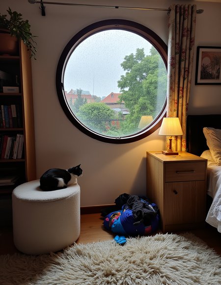 Interior photograph of a cozy bedroom, circular window, garden outside, rainy, fuzzy rug, bookshelf, stool, night stand with table lamp, floral wallpaper, warm lighting, a cat sleeping on a pile of clothes on the floor,  <lora:iphone-dev-6:1> iphone photo