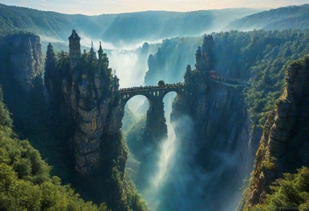 towers ringed in mist, sunrays, mixed media, surrealism, fantasy, great lighting, A surreal landscape highly detailed, extremely high-resolution details, appears trapped in an optical illusion of reflections and refractions colorful, Zhangjiajie mountains,  Vienna in contemporary Austria, stone bridges, winding rivers extending to the horizon, professional photography, natural lighting, volumetric lighting maximalist. vivid, vibrant colors, intricately detailed, complex, elegant, expansive, fantastical, film photography style, medium grain, cmnt
 (8k uhd:1,4)
 <lora:add-detail-xl:1>
 <lora:Dynamic Poses:1>