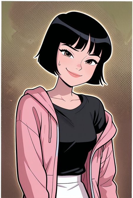 cartoon, screencap,  <lora:julieaf:1> julieaf, 1girl, short hair, black hair, lips, white skirt, pink hoodie, hoodie over skirt , smile, expressive face, open jacket, open hoodie, off shoulder hoodie, black under shirt, sweating,, masterpiece, best quality, amazing quality, very aesthetic, absurdres, newest,, upper body, halftone effect, white borders, abstract background:1.2,