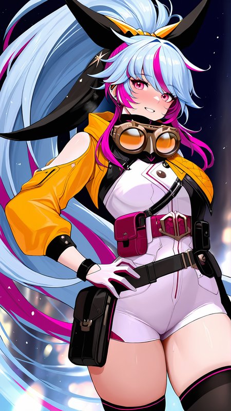 amazing quality,absurdres,best quality,masterpiece,highres,newest,detailed,detailed body,detailed face,masterpiece,best quality,solo,
dnfèé£Â·æäºº,1girl,multicolored hair,streaked hair,solo,black thighhighs,long hair,goggles around neck,ponytail,pink hair,blue hair,belt,white shorts,pouch,gloves,pink eyes,very long hair,<lora:dnfèé£Â·æäºº:0.85>,