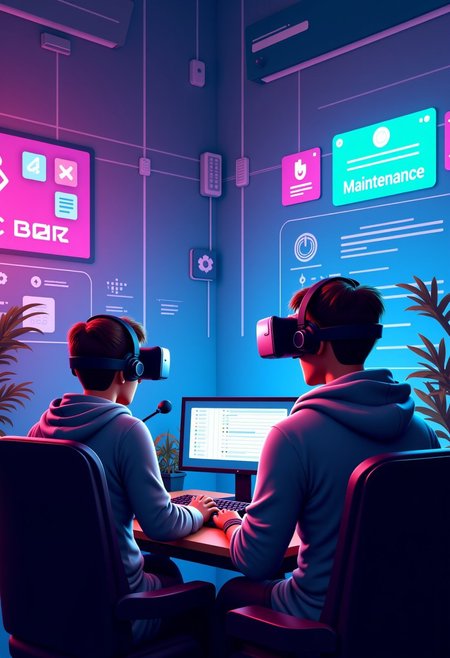 Programmers in a virtual reality game, battling server bugs and glitches with virtual tools, with a ‘Maintenance’ sign