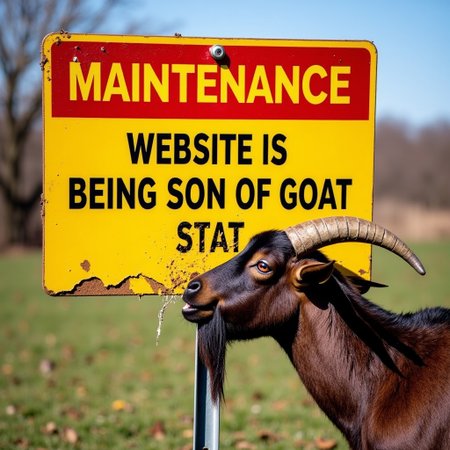 a yellow and red warning maintenance sign, (text reads, ("MAINTENANCE: WEBSITE IS BEING SON OF GOAT!")), a real goat is eating the bottom edge of the sign and has damaged it, 
highest quality