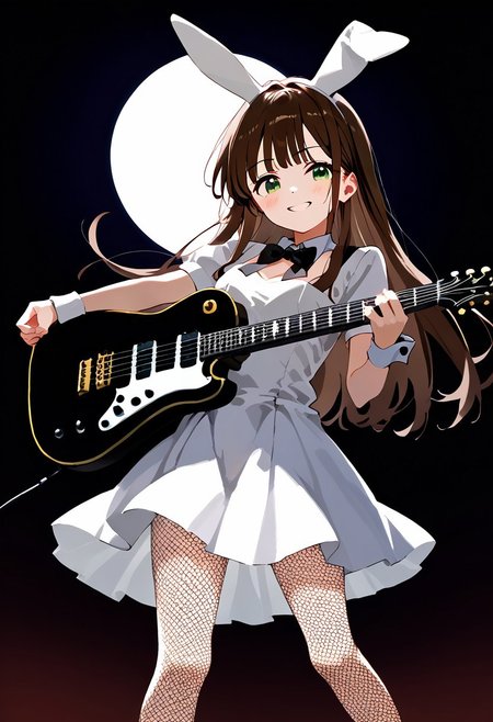 (masterpiece), (score_9, score_8_up, score_7_up,source_anime), 4K8K,
 (solo), Japanese cute woman playing_instrument, electric_guitar, oval-faced, standing, bunny girl, hime style hair, (hair over shoulder),
(brown hair, wavy long hair, heme cut hair, green eyes, tareme, edge down eyes:1.2), blush, smirk, 
(medium figure),(pointy breasts), 
(white leotard, white bunny-girl uniform, rap-skirt, wrist cuffs, bowtie, fishnet tights:1.2), 
(in the rooftop at moon night:1.2),(Dark background),