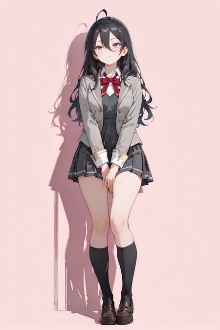 perfect quality,high quality,masterpiece,best quality,amazing quality,very aesthetic,absurdres,Cinematic Lighting,newest,Tactical use of shadow,
front view,full_shot,Eyebrow furrow,
1girl,solo,long hair,black hair,hair between eyes,ahoge,purple eyes,school uniform,blazer,jacket,grey jacket,red bow,dress,skirt,zettai ryouiki,socks,black socks,kneehighs,loafers,AyanoKimishima Cyql,
full body,standing,hand between legs,
lightpink background,simple background,
<lora:spo_sdxl_10ep_4k-data_lora_webui:0.5>,<lora:EtherSDXL:0.7>,EtherStyle,<lora:748cmSDXL:0.5>,748cmstyle,<lora:Ayano Kimishima_Illustrious by Cyql:1>,