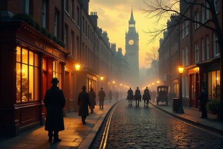 "A cobblestone street in Victorian London at dusk, illuminated by the warm, golden glow spilling from the windows of bustling shops and gas lamps lining the foggy street.  Horse-drawn carriages and pedestrians in period attire navigate the wet stones, their figures softened by the gentle mist. In the foreground, a rosy-cheeked newsboy in a tattered cap hawks the evening papers, his voice echoing softly in the atmospheric air.  Above, the towering silhouettes of grand buildings are just visible through the fog, hinting at both prosperity and mystery. Capture the scene in the style of Thomas Kinkade, emphasizing the warmth of light against the cool, misty evening, using soft, glowing highlights and a rich, inviting color palette of deep reds, browns, and muted golds.  Painterly brushstrokes, detailed textures of cobblestones, brickwork, and fog, cinematic lighting, nostalgic and heartwarming atmosphere, evoking a sense of Victorian charm and Dickensian London at twilight, 8k resolution, oil painting effect, visually stunning and emotionally evocative."âââ
