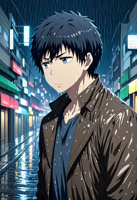high resolution, solo, best quality, 1Boy, Arata Kaizaki, Black Hair, heavy rain, downtown, night, looking down, sad, leather jacket, looking away, wet, wet hair, OverallDetail