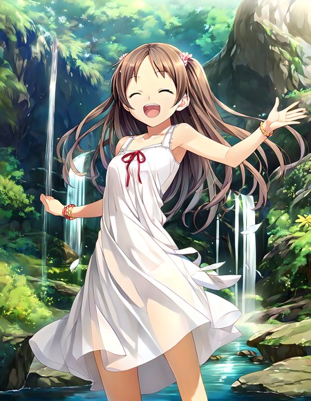 <lora:pony_xl_natsuha:0.8>,natsuha,score_9,score_8_up,score_7_up,source_anime,1girl,solo,:d,laughing,smile,open mouth,dress,jewelry,outdoors,day,water,bracelet,tree,see-through,sunlight,outstretched arms,wind,nature,forest,light rays,spread arms,sundress,sunbeam,river,waterfall,cowboy_shot,