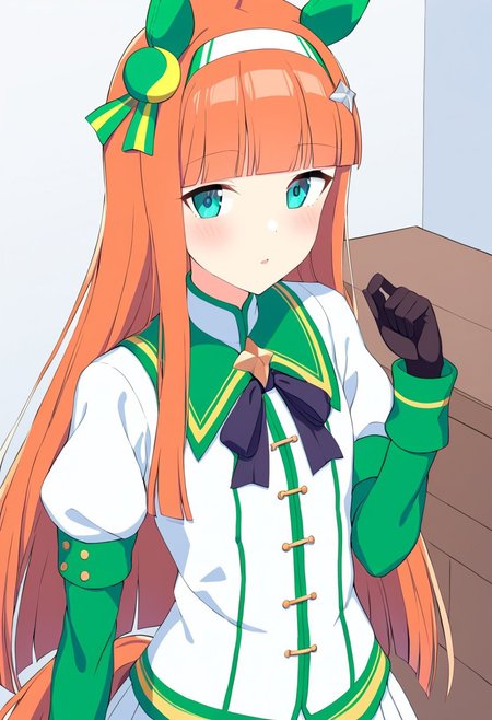 SilenceSuzuka,horse girl, green horse ears, green ear covers, horse tail, turquoise eyes, flat chest, slender, hime-cut, orange long hear, blunt bangs, shiny hair, white hearband, hair ornament,1girl,small breast, upper body,room,bedroom, plush toy in hand,
