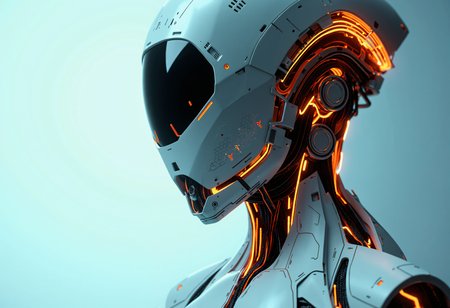 UNI_SCI_FI_CORE Photorealistic, neon-mist, cpstyle. A high-resolution digital artwork featuring a futuristic, cybernetic woman with an intricate mechanical design. Her sleek, robotic exoskeleton is predominantly white with striking orange accents, composed of interlocking plates, exposed wiring, and glowing circuitry that pulse with an eerie energy. A large, circular visor obscures her eyes, its reflective surface displaying cryptic digital patterns, reinforcing her enigmatic, android-like presence. Her head is adorned with an advanced neural interface, an intricate headdress of segmented metal plating and delicate fiber-optic strands woven together like a synthetic crown. The headdress integrates seamlessly into the high-tech plating along her neck and shoulders, forming a rigid yet elegant collar with engraved circuitry patterns. Thin mechanical tendrils extend from the back of her head, glowing faintly as they process vast streams of data. The fusion of biomechanical and traditional elements is evident in the subtle engravings along her plating, resembling ancient embroidery reimagined through futuristic technology. The background is a cold, gradient blue, evoking the sterile atmosphere of a deep-space research station or an advanced AI laboratory. Every element is meticulously detailed, blending high-concept cyberpunk aesthetics with cutting-edge digital craftsmanship.