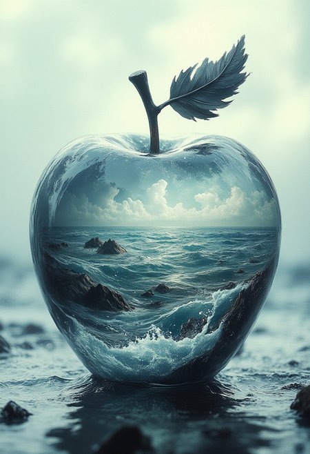 lovely double exposure image by blending together a stormy sea and a glass apple. The sea should serve as the underlying backdrop, with its details subtly incorporated into the glossy glass apple, sharp focus, double exposure, glossy glass apple, translucent glass figure of an Kaki, sea inside, lifeless, dead, glass apple, earthy colors, decadence, intricate design, hyper realistic, high definition, extremely detailed, dark softbox image, raytracing, cinematic, HDR, photorealistic