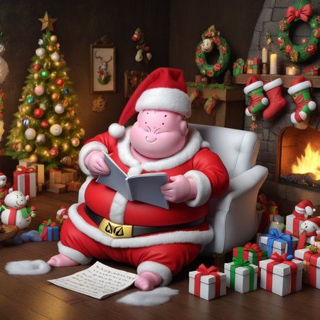 majinxmas, majin buu wearing a santa hat, lying on the floor, writing a resolution list in a cozy living room decorated with festivities decorations, next to a fireplace.
 <lora:Majinbuu-festivex:0.8>