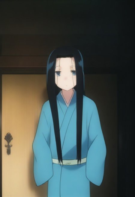 Masterpiece, Top Quality, source_anime, anime screencap, source_anime, auratheguillotine, anime screencap, masterpiece, source_anime, shiny skin,,,,anrakutei, blue_eyes, black_hair, very_long_hair, blue_kimono, long_sleeves, wide_sleeves,