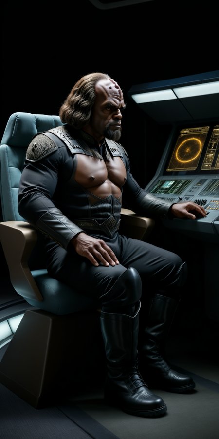 (masterpiece:1.5), realistic, (full body shot:1.2), cinematic, photograph, WORF, sitting in a chair at a control panel on the bridge, (black combat boots:1.5)), (cinematic lighting:1.3), (sharpen light:1.2), (intricate shadows:1.3), cinematic shot, high resolution, cinematic lighting, reflections, HDR, 8K resolution, <lora:Star Trek TNG SDXL v1:0.75> <lora:Perfect Hands v2:0.7>  <lora:2BoutOvalSDXL2:1>