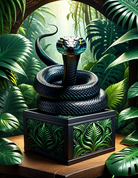 high quality, masterpiece, black mamba snake in a jungle box design, ready to strike, elaborate fantasy style art, intricate details, ultra sharp, backlit, exquisite detail, flawless composition <lora:Monster_in_a_Box_SDXL:0.8>