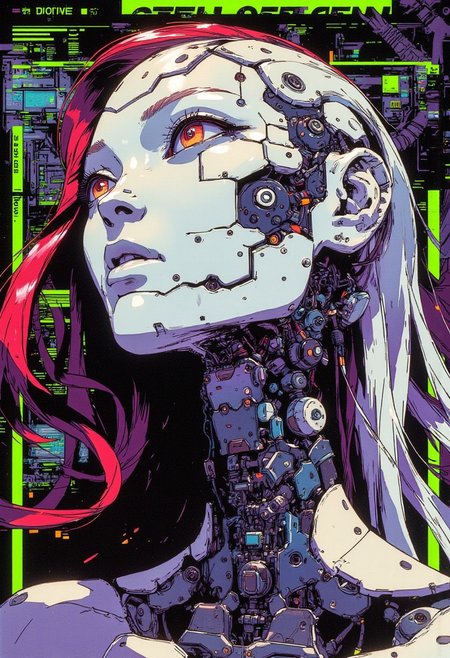 <lora:ck-Goro-Fujita:1>, digital artwork in the style of ckgf, A mesmerizing close-up portrait of an alien woman, her striking features blending extraterrestrial elegance with subtle mechanical elements. Her skin has a smooth, otherworldly texture, adorned with small, organic patterns. Her long, wavy hair cascades around her face, but in the Virtualboy-style palette of red, white, and black. Mechanical elements are seamlessly integrated into her face and neck—sharp, angular pieces emerge like delicate circuitry. The chiaroscuro-inspired lighting brings deep contrast, with bold shadows enhancing her alien beauty. The background features a cyberpunk workshop, and the limited palette emphasize the alien and mechanical features, while a soft green glow outlines parts of her face and hair, creating a futuristic yet nostalgic visual reminiscent of early handheld gaming
<lora:ck-nc-pastel-cyberpunk:0.3>
<lora:ck-MetalGearSolid:0.25>
<lora:RetroAnimeFluxV1:0.25>