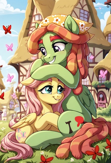 score_9, score_8_up, score_7_up, score_6_up, score_5_up, score_4_up, derpibooru_, my little pony, (tree hugger, light green fur, vermillion dreads:1.5), (Fluttershy light pink hair, yellow fur), ((feral pony)), 2girl, ((duos)) (cute pony face), (ponyville background:1.5), (yellow and pink butterflies:1.5), (pegasus pony), (looking at each other), (soft smile), (detailed hair:1.2), (hugging:1.2), half open wings, (sitting on grass:1.5), (red butterflies:1.5)