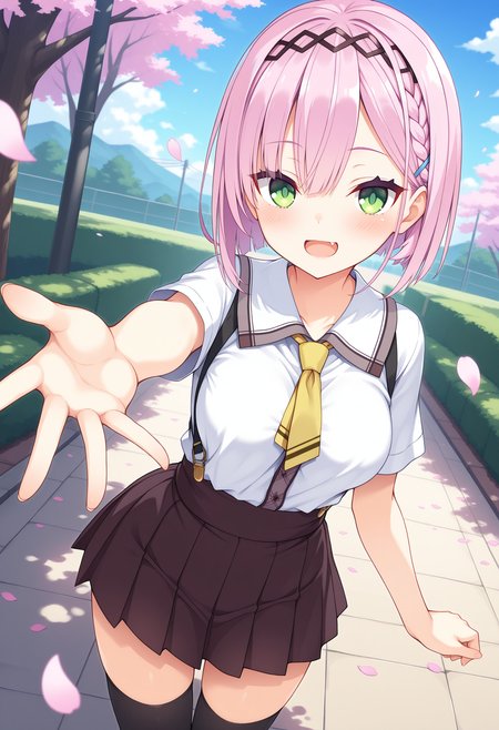1girl, aaamane, pink hair, short hair, braid, hairband, hair ornament, hairclip, green eyes, fang, breasts, school uniform, yellow necktie, white shirt, short sleeves, suspender skirt, brown skirt, black thighhighs, <lora:tanikaze_amane_ilxl_v1:0.9>, standing, cowboy shot, outdoors, smile, open mouth, reaching, petals,
masterpiece, best quality, amazing quality,
