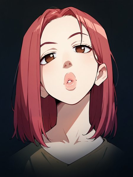 score_9, score_8_up, score_7_up, score_6_up, score_5_up,  <lora:FLCLXLP:1> flcl, brown eyes, red hair, 1girl, black background, lips