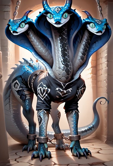 score_9, score_8_up, score_7_up, source_furry, source_monster, hi res, zPDXL3, ((teratophilia)), (MegaScalyPony, FMIXF, ikiki_style, 3Hs, dragonhumantaur,), detailed background, prison,
solo, no_humans, large female, babe_luck, ((taur, raptor body):1.5), ((monster, furry, feral, scalie)), ((raptor, cobra, snake, Lizard, dragon, demon):2.0), ((black skin, blue scale, skin markings, tattoo):2.0), ((snake face)), ((small head):2.0), (((three heads, 3 heads):2.0)), ((four arms):1.5), ((extra arms, two rows of arms)), (2 legs), ((digitigrade):2.0), ((animal feet, bird legs, long toes)), ((long legs):2.0), ((scale, realistic scales, spiky scales, spiny scales, claws, (black glossy horns), spikes, talons):1.5), ((slit pupils, no sclera, big eyes, long eyelashes, eyeliner, ruined make-up, running mascara)), ((black lips):1.5), ((cobra_hood, snake_hood)), ((longtail, thicktail, scut tail, demon tail):1.5), ((lean body, long body, skinny, thin waist, thin arms, wide shoulders, petite):1.5), ((narrow waist, extra thicc thighs):1.5), ((bottom heavy):2.0), ((areola slip, bursting breasts, breast squish, gigantic ass, perfect ass, bubble butt)), ((black clothes):2.0), ((robe, cloak)), ((skindentation, stretched clothes, torn clothes, tight clothes):1.5), 
((fullbody, looking at viewer, dynamic angle, dynamic pose, chained to wall, bent over, leaning forward, arched back, standing):2.0), piercing, metal collar, chained, in shackles, chain, cuffs, ankle cuffs, chain leash.