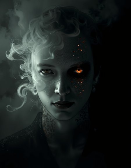 A cinematic photography.
a dipiction of a hantu iban, disintegrating and dissolving into swirling lines of fogg, smoke and particles blending with the black background, blending form with reality. Framed in thick volumetric fog. diffused light, delicatly, whispering, eye catching masterpiece artwork. drifting fog, cracked light and smokey haze in floating threads finishes the dreamlike reality.