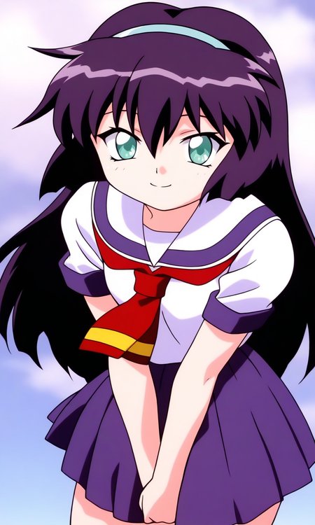 general,highres, ultra-detailed,very aesthetic,best quality ,best hands, BREAK  <lora:Amano_Misao_Pretty_Sammy_IS:1>
Amano_Misao, 1girl, solo, purple hair, long hair, bangs,  light blue hairband, green eyes,  hair between eyes, 
school uniform, purple skirt, short sleeves, pleated skirt, 
sailor collar, red neckerchief,
v arms, 
smile,looking at viewer, cowboy_Shot,