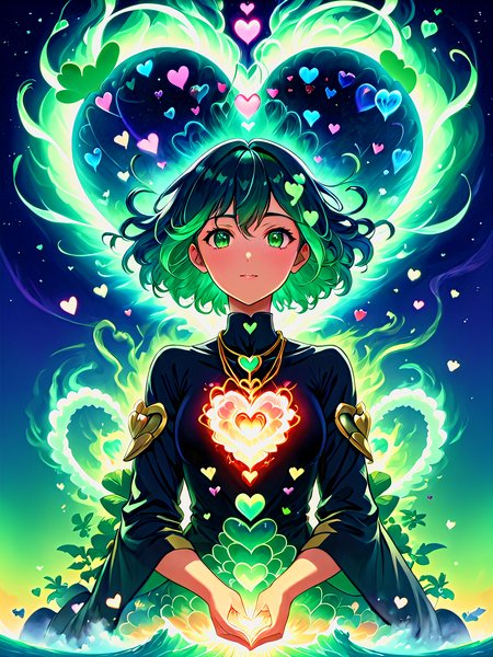 yamer_passione, heart, Futuristic utopia, Adventure, Aether, Kraken, Nebula, Verdant, Canvas, Spontaneous Human Combustion, by Alex Ross and Makoto Shinkai, (lavish, masterful, beautiful:1.4), poster art, Voyage, Lovely, solo, jewelry, necklace, upper body, gradient background, gradient, (cartoon style, anime style), <lora:Passione:1>