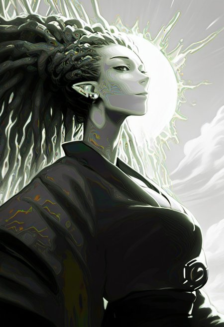 score_9, score_8_up, score_8, female, cel-shading, backlit, delicate features, very long hair, (dreadlocks), upper body, big breasts, techwear, cyborg, pointy elf ears, multiple ear piercings, techwear, dynamic pose, freckles, tan, colorvsgrey, monochrome, green glowing machine parts, hair oranments, kimono, electrical arcs,