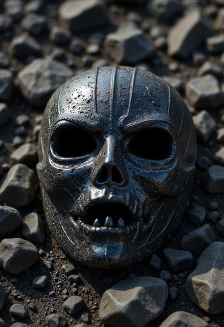 A cursed mask, carved from smooth obsidian and utterly featureless except for two narrow slits where eyes should be, rests upon the skeletal remains of a warrior kneeling in the center of a ritual circle. The ground around the remains is scorched, forming a perfect ring of ash where nothing has grown for centuries. The mask itself is impossibly cold to the touch, and when held up to the light, reflections of battles never fought dance across its surface, their outcomes unknown.
   , aidmamjv7, aidmaHyperrealism