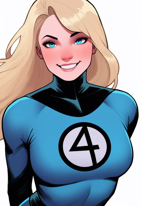 best quality, amazing quality, very aesthetic, absurdres,
1girl, susanrichards, blonde hair, long hair, blue eyes,
bodysuit, turtleneck,
smile, arms behind back,
looking at viewer, upper body, simple background, white background,  <lora:SusanRichardsNoobXL_byKonan:1>