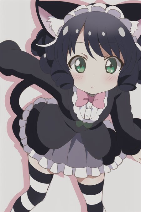 1girl, show_by_rock, cat ears, short black hair, (scene background), striped stockings, cat tail, dress, green eyes, curly hair, curls