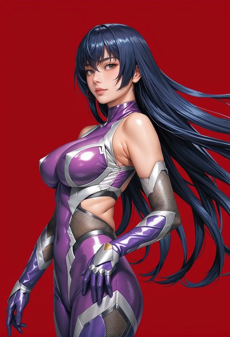 1girl,red background,ruanyi0936,taimanin suit,cowboy shot,bare shoulders,purple bodysuit,elbow gloves,long hair,,<lora:0936 Asagi Igawa (taimanin suit)_v1_pony:1>, score_9,score_8_up,score_7_up,,8k,1girl,solo,,