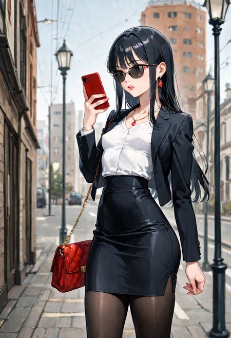 (detailed background:1.1), dynamic pose, (bloom, depth of field, vignetting:1.2), street, 1girl waiting to cross the street, lamppost, 
BREAK
(1girl, solo), black hair, long hair, bangs, long sidelocks, sunglasses, thick lips, standing, holding phone, looking at phone, smartphone, handbag, 
BREAK
office lady, suit, white shirt, suit jacket, black jacket, tight skirth, black pantyhose, necklace, earrings, 
BREAK
small breasts, pointy breasts, (skinny, narrow waist:1.2), (thick thighs:1.2), (hip dips:1.1), 
<lora:SOS_Style_-_Illustrious:1>
