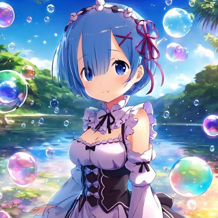 4k,a cute girl,standing in water,surrounded by colorful bubbles,detailed anime style,rem (rezero),<lora:rem (rezero):1>,