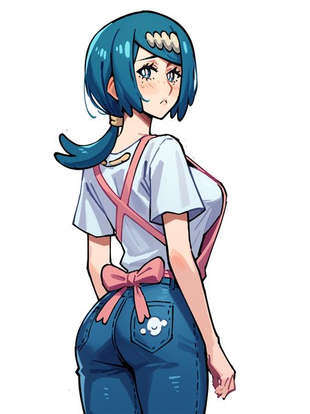 score_9, score_8_up, score_7_up, score_6_up, score_5_up, score_4_up,
BREAK
1girl, lana's mother \(pokemon\), blue hair, bob cut, ponytail, hair ornament, blue eyes, blush, pout,
BREAK
solo, standing, white shirt, jeans, large breasts, pink apron, looking back, flat ass,
BREAK
white background, simple background, angled shot, dynamic pose, dynamic angle, <lora:Lunas-KaatokunArt-SDXL-A1:1>