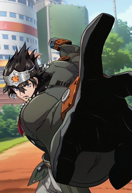 score_9, score_8_up, 1boy, yukiteru_amano's head, ggstpot's body, source_anime, anime screencap, anime coloring, 2d, zPDXL2, black hair, blue eyes, short hair, hair between eyes, huge male, ultra-muscular male, no helmet, green jacket, pants, boots, gauntlets, belt, spikes, outdoors, IncrsPunchMeme, incoming punch, impact lines, dynamic, shouting, confident, powerful