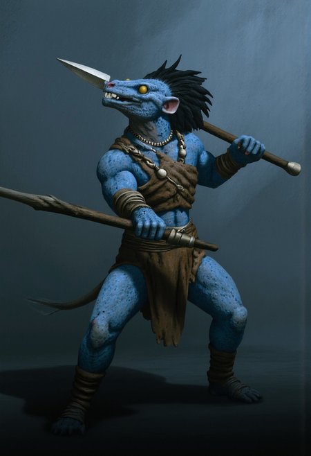 b3rs3rk macro lens d4concept pov, 3D01S, simple background d4artstyle atmospheric and powerful MikeFranchinastyle dark fantasy, natural organic and first person pov of a berserk style creature in the Tsutomu Nihei style
Anthropomorphic reptilian warrior, fusion of dragon, rat, and kobold traits. Muscular bipedal body with blue-gray scaled skin, transitioning to lighter underbelly. Elongated snout with sharp teeth and small protruding fangs. Large, expressive yellow eyes with vertical pupils. Distinctive head features: frilled ears like a kobold, spiky black mohawk running down neck. Armed with primitive weapons: wielding a long spear with metallic tip, dagger at hip. Dressed in leather armor: brown chest piece, tattered loincloth, arm guards, and leg wraps. Adorned with tribal jewelry: bone necklace, metal arm bands. Clawed hands and feet with opposable thumbs. Long, thick tail for balance. Skin texture highly detailed: mix of smooth scales and rough, battle-scarred patches. Pose: alert fighting stance, spear at the ready. Background: misty swamp or dim forest setting. Lighting: moody, emphasizing form and texture. Style: hyper-realistic 3D render with painterly touches. Atmosphere: primal, dangerous creature in its natural habitat.
UHD letterboxed game trailer frame chromatic aberration dark atmosphere sharp masterpiece with a focus on the character, elden ring, dark atmosphere
